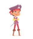 Pirate cute kid character on Halloween party, boy wearing costume of fantasy shop captain