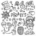 PIRATE AND DINO Monochrome Clipart Vector Illustration Set