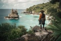 pirate exploring ancient ruins on tropical island, with view of the ocean in the background Royalty Free Stock Photo