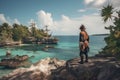 pirate exploring ancient ruins on tropical island, with view of the ocean in the background Royalty Free Stock Photo