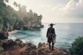 pirate exploring ancient ruins on tropical island, with view of the ocean in the background