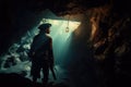 pirate exploring hidden cavern, with view of glowing underwater cave