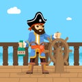 Pirate. Filibuster captain at helm of ship Royalty Free Stock Photo