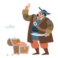 Pirate finally reached the goal. Found a treasure, a large chest of gold. Vector illustration of flat cartoon on white