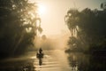 pirate, fishing on quiet lagoon, surrounded by towering palm trees and misty morning
