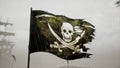 A pirate flag next to a pirate treasure on a tropical island. The concept of maritime adventure in the Middle Ages. 3D