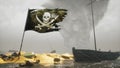 A pirate flag next to a pirate treasure on a tropical island. The concept of maritime adventure in the Middle Ages. 3D