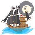 Pirate Frigate. Large a ship with black sails and the Jolly Roger Royalty Free Stock Photo