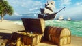 Pirate frigates docked near a tropical island. Pirate island and treasure chests. Sand, sea, sky, clouds, palm trees and