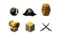 Pirate game elements set, bomb, hat, chest of gold, wooden barrel, crossed sabers, user interface assets for mobile apps