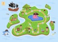 Pirate game map. Pirates attraction, board paper travel maps. Ocean island of treasure, step by step play for kids Royalty Free Stock Photo