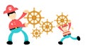 Pirate and ship control wheel gear cartoon doodle flat design vector illustration Royalty Free Stock Photo