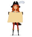 Pirate Girl with map. Pirate woman with scroll isolated on a white background. Vector illustration. Royalty Free Stock Photo