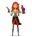 Pirate girl with parrot and powder gun - vector illustration. Royalty Free Stock Photo