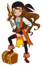 Pirate girl with powder gun and treasure chest