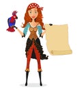 Pirate girl with scroll and a parrot. Vector illustration Royalty Free Stock Photo