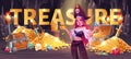 Pirate girl in treasure cave cartoon banner, loot