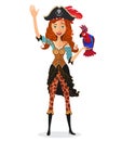 Pirate girl waving with a parrot isolated on a white background. Vector. Royalty Free Stock Photo