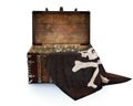 Pirate gold. A old wood pirate chest draped with a flag and filled with gold coins . Isolated on a white background. Royalty Free Stock Photo