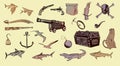 Pirate hand drawn sketch set illustration of buccaneer accessories. Vector filibuster drawing elements isolated Royalty Free Stock Photo