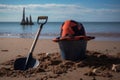 pirate hat on a beach with a bucket and spade for sand play Royalty Free Stock Photo