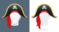 Pirate hat. Corsair headgear. Carnival costume. Caribbean filibuster. Vector illustration.