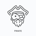 Pirate head flat line icon. Vector outline illustration of ship captain in hat with eye patch, mustache and beard