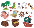 Pirate icons for children birthday party. Kids entertaiment, cartoon characters, animation.