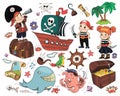 Pirate icons for children birthday party. Kids entertaiment, cartoon characters, animation.