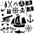 Pirate icons for informal design. Set of vector logos isolated on white background. Skull and bones, weapons and ship. Collection Royalty Free Stock Photo