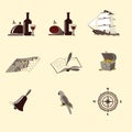 Pirate icons: ship, treasure chest, compass