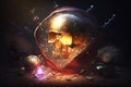 Pirate illustration of a golden skull inside a glass sphere. Generative AI.