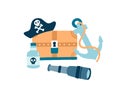 Pirate items flat vector illustration. Pirate hat with skull and crossed bones emblem. Wooden treasure chest. Anchor