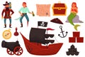 Pirate items. Funny marine team, cute captain hold sword, sailor and mermaid, ship with black sails, cartoon isolated