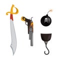 Pirate Items Set. Saber, musket, cannonball, hook. Vetor illustration.