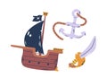 Pirate Items Set, Ship with Black Sails, Gleaming Cutlass and Anchor Creating An Iconic Swashbuckler Look For Daring