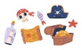 Pirate Items Set. Weathered Treasure Map, Tricorn Hat, Skull in Bandana, Fish, Message in Bottle, starfish and Chest