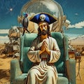 Pirate Jesus Christ with a pirate hat sits in an armchair and prays