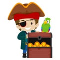 Pirate Kid and Parrot with Treasure Chest Royalty Free Stock Photo