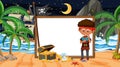 Pirate kids at the beach night scene with an empty banner template Royalty Free Stock Photo