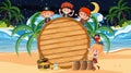 Pirate kids at the beach night scene with an empty wooden banner template Royalty Free Stock Photo