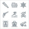 pirate line icons. linear set. quality vector line set such as cannon, pirate ship, pirate, hat, island, gun, steering wheel,