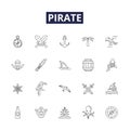 Pirate line vector icons and signs. Robber, Buccaneer, Seafarer, Plunder, Scallywag, Harbour, Galleon, Loot outline Royalty Free Stock Photo