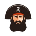 Pirate logo or label. Portrait of bearded man in cocked hat. Cartoon vector illustration