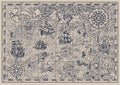 Pirate map with mythological creatures, old vessels, compass and treasure islands