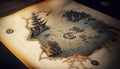 Pirate map on a wooden table. Vintage style toned picture