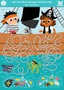 Pirate maze for kids with ship, sea and kid sailors. Treasure hunt preschool printable activity. Sea adventures labyrinth game or Royalty Free Stock Photo