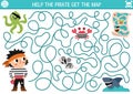 Pirate maze for kids. Treasure hunt preschool printable activity with cute raider captain, octopus, rat, shark, crab. Sea