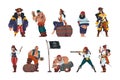 Pirate men and women. Cartoon fantasy sailors and sea warriors with swords treasure chest spyglass wearing hats and