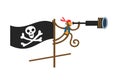 Pirate monkey holding spyglass, flag with skeleton symbol. Sailing ship with piratic emblem on black flag, animal on